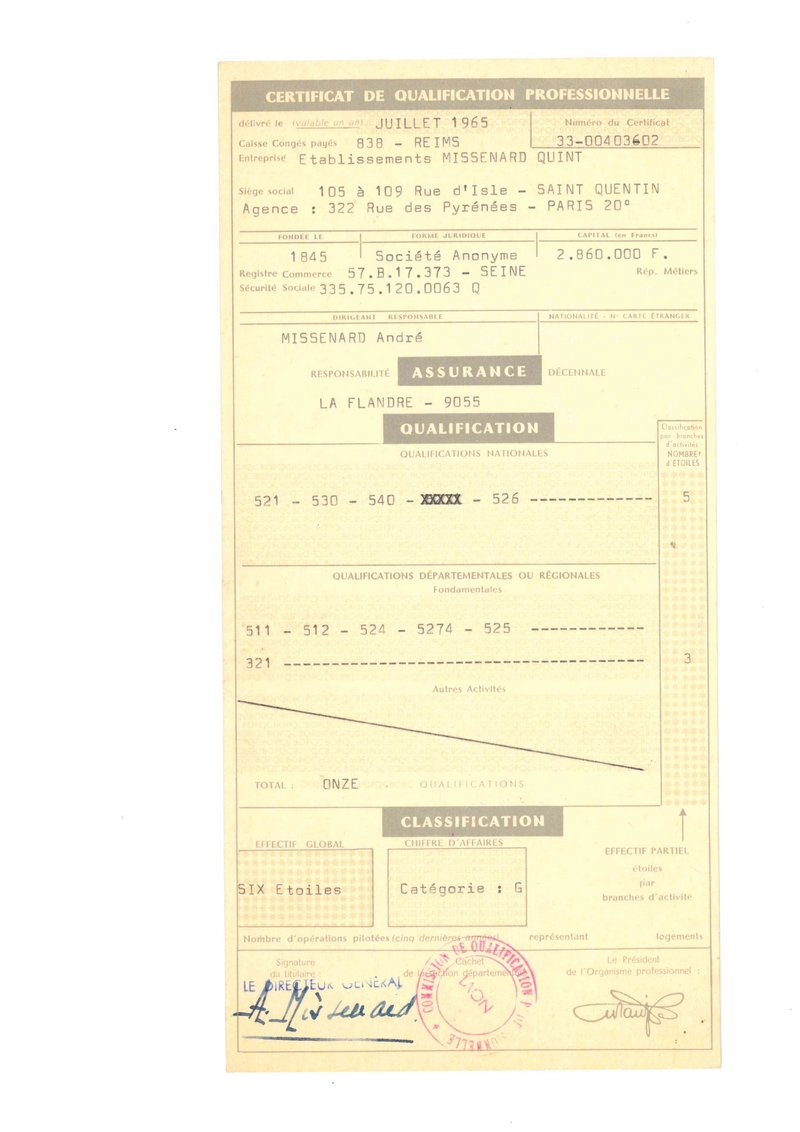 Cartificat de qualification professionnelle du bâtiment de 1965